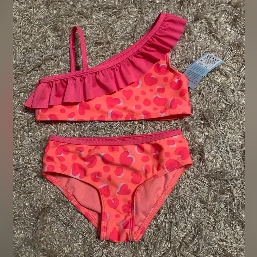 Cat & Jack Hot Pink and Coral Heart Ruffle One-Shoulder Bikini 5T top 4T bottom